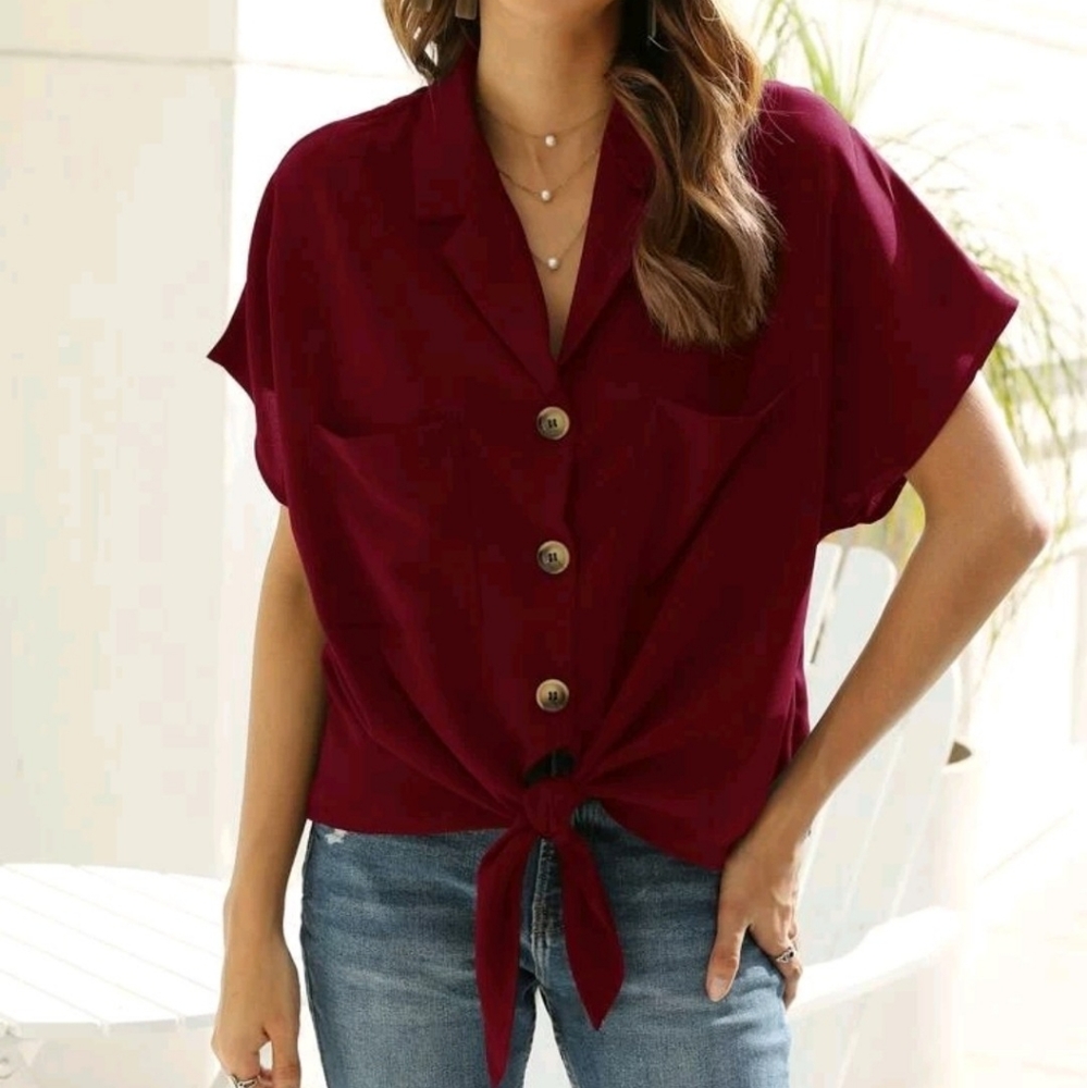 SHEIN Knot Button Front Blouse